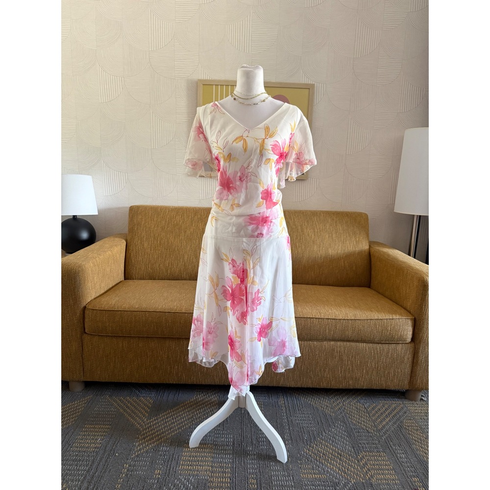 Los Angeles Woman Floral Midi Dress Pink Flutter Sleeve Handkerchief Hem 16W